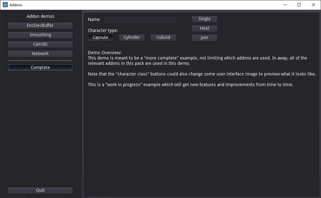 Demo Window - Main Menu