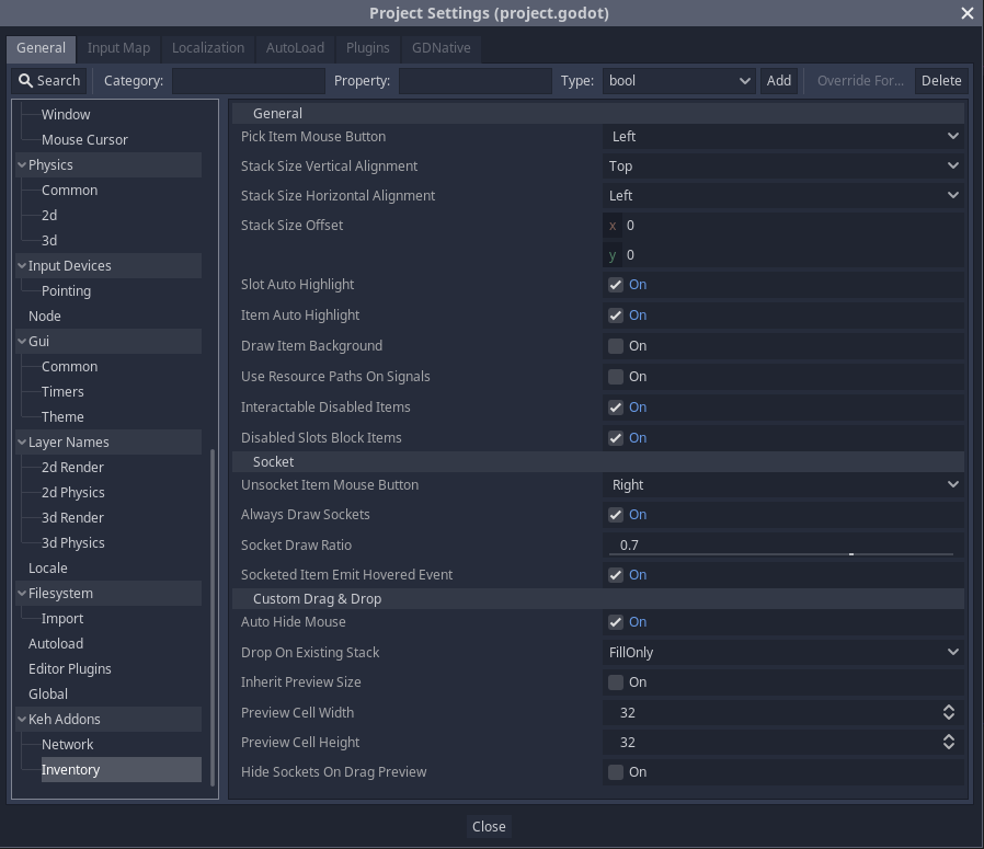 Inventory Project Settings